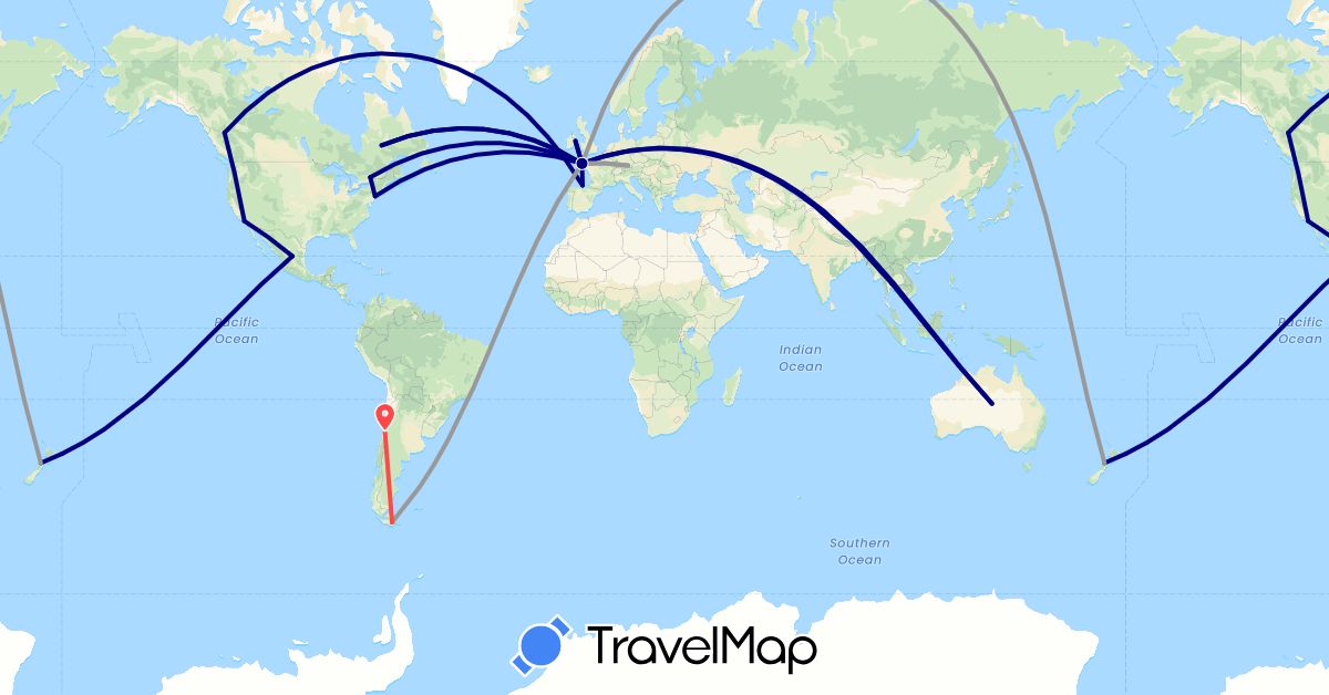 TravelMap itinerary: driving, plane, hiking in Argentina, Australia, Canada, Chile, Germany, Spain, France, Ireland, Mexico, New Zealand, Thailand, United States (Asia, Europe, North America, Oceania, South America)